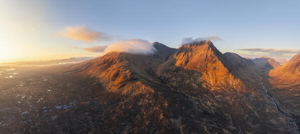 Panoramic and Aerial view of mountains at Glencoe during sunrise, Highlands, Scotland, United Kingdom 