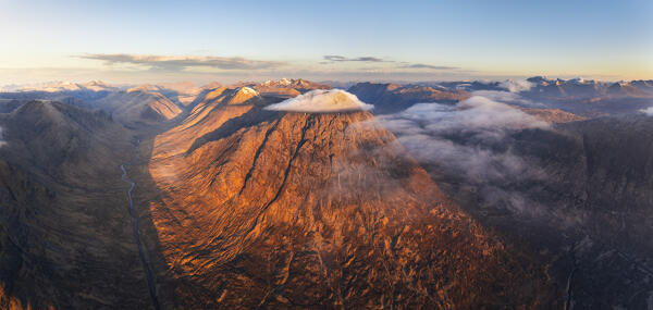 Aerial view of Buachaille Etive Mòr at sunrise, Glencoe, Highlands, Scotland, United Kingdom, Northern Europe