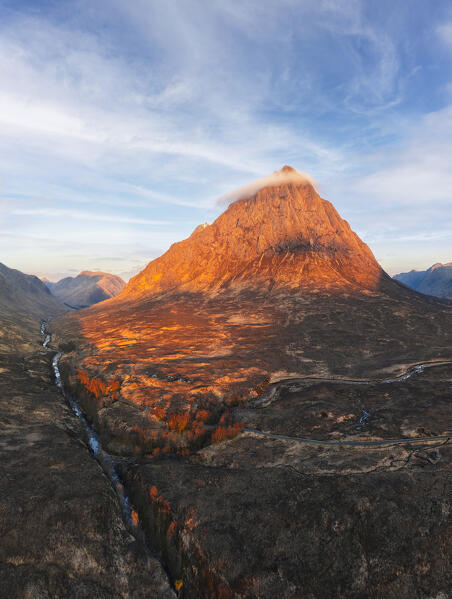 Aerial view of Buachaille Etive Mòr at sunrise, Glencoe, Highlands, Scotland, United Kingdom, Northern Europe