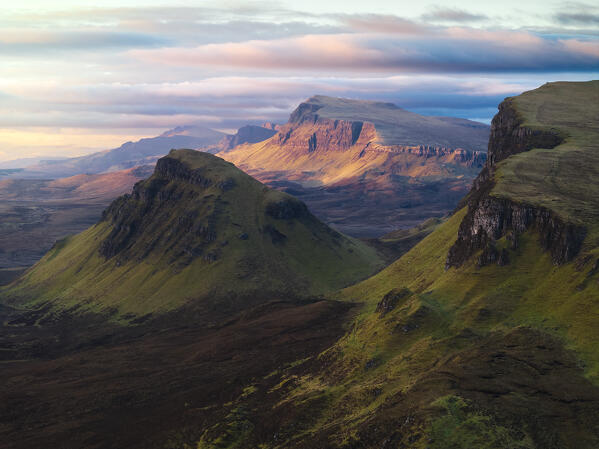 Mountains viewed from Quiraing during sunrise, Isle of Skye, Inner Hebrides, Highlands, Scotland, United Kingdom