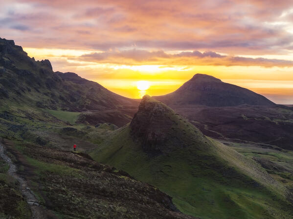 Mountains from Quiraing during sunrise, Isle of Skye, Inner Hebrides, Highlands, Scotland, United Kingdom