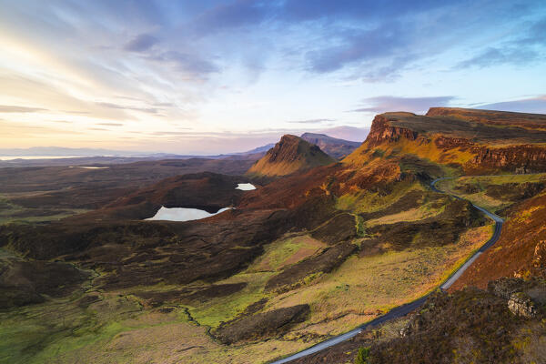 Mountains viewed from Quiraing during sunrise, Isle of Skye, Inner Hebrides, Highlands, Scotland, United Kingdom