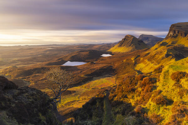 Mountains viewed from Quiraing during sunrise, Isle of Skye, Inner Hebrides, Highlands, Scotland, United Kingdom