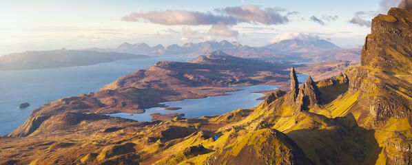 Aerial and panoramic view of Old Man of Storr during sunrise, Isle of Skye, Inner Hebrides, Trotternish peninsula, Highlands, Scotland, United Kingdom