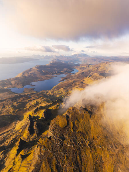 Aerial view of Old Man of Storr during sunrise, Isle of Skye, Inner Hebrides, Trotternish peninsula, Highlands, Scotland, United Kingdom