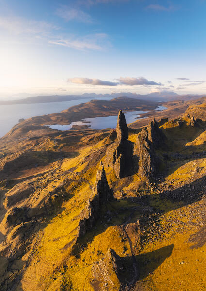 Aerial view of Old Man of Storr during sunrise, Isle of Skye, Inner Hebrides, Trotternish peninsula, Highlands, Scotland, United Kingdom