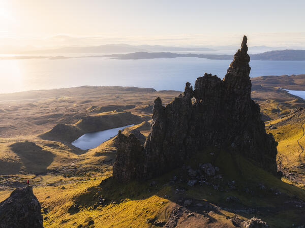 Aerial view of Old Man of Storr during sunrise, Isle of Skye, Inner Hebrides, Trotternish peninsula, Highlands, Scotland, United Kingdom