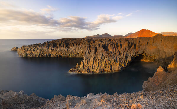 Los Hervideros cliffs with its basalt columns at sunset, Yaiza, Las Palmas, Timanfaya National Park, Lanzarote, Canary Islands, Macaronesia, Spain, Western Europe