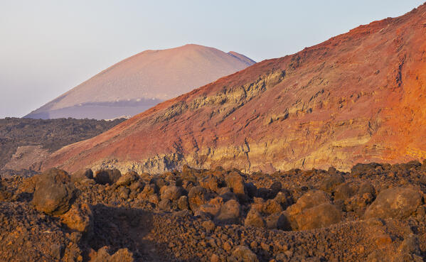 Bermeja Volcano seen from Los Hervideros at sunset, Yaiza, Las Palmas, Timanfaya National Park, Lanzarote, Canary Islands, Macaronesia, Spain, Western Europe