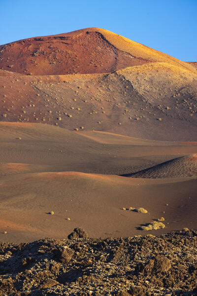 Lava fields and volcanoes of Timanfaya National Park during sunrise, Yaiza, Las Palmas, Timanfaya National Park, Lanzarote, Canary Islands, Macaronesia, Spain, Western Europe