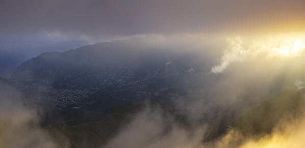 Panoramic view of Sao Vicente valley from Bica da Cana viewpoint at sunrise, Canhas, Ponta do Sol, Madeira region, Portugal, Western Europe