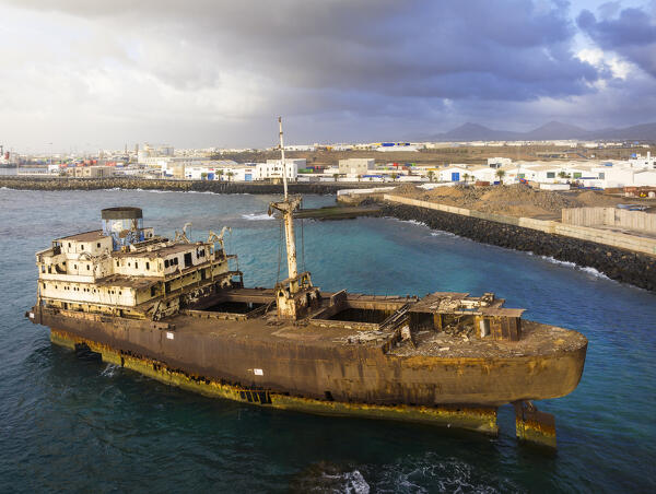 Aerial view of shipwreck and Arrecife at sunrise, Las Caletas, Las Palmas, Lanzarote, Canary Islands, Macaronesia, Spain, Western Europe