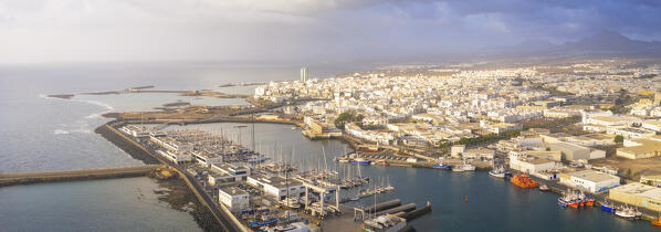 Aerial and panoramic view of Arrecife during sunrise, Las Palmas, Lanzarote, Canary Islands, Macaronesia, Spain, Western Europe