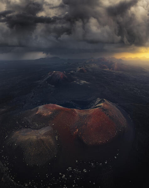 Aerial view of Timanfaya National Park at sunrise, Yaiza, Tinajo, Las Palmas, Lanzarote, Canary Islands, Macaronesia, Spain, Western Europe