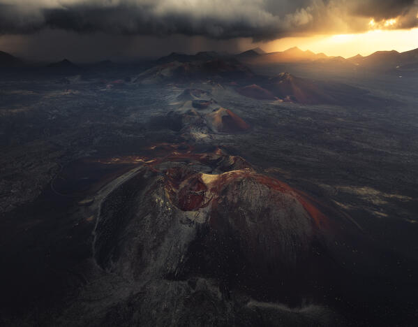 Aerial view of Timanfaya National Park at sunrise, Yaiza, Tinajo, Las Palmas, Lanzarote, Canary Islands, Macaronesia, Spain, Western Europe