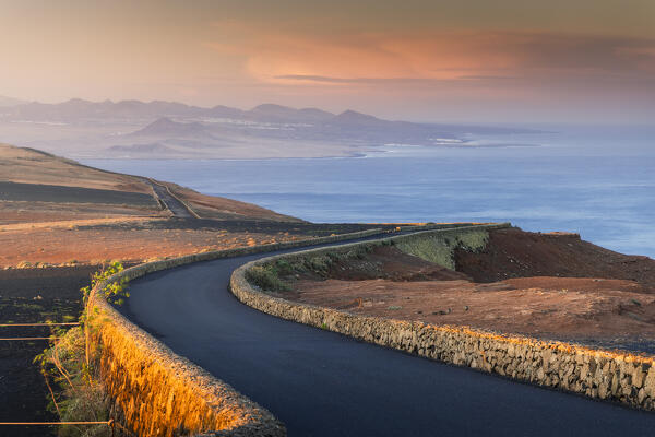 The view from Mirador del Rio with Caleta de Famara in the background during sunrise, Mirador del Rio, Haria, Las Palmas, Lanzarote, Canary Islands, Macaronesia, Spain, Western Europe