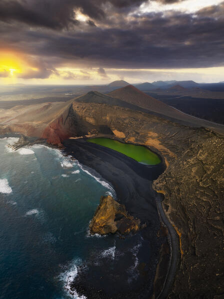 Aerial view of Charcos de Los Clicos at sunset, El Golfo, Yaiza, Las Palmas, Lanzarote, Canary Islands, Macaronesia, Spain, Western Europe