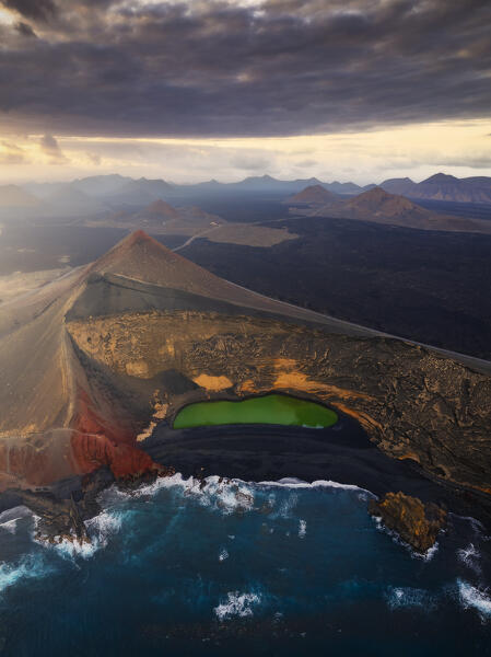 Aerial view of Charcos de Los Clicos at sunset, El Golfo, Yaiza, Las Palmas, Lanzarote, Canary Islands, Macaronesia, Spain, Western Europe