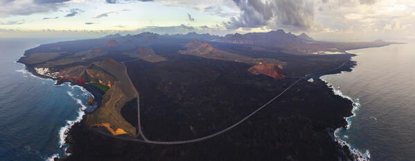 Aerial and panoramic view from Charcos de Los Clicos to Bermeja mountain at sunset, El Golfo, Yaiza, Las Palmas, Lanzarote, Canary Islands, Macaronesia, Spain, Western Europe