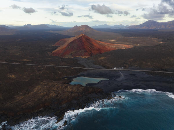Aerial view of Bermeja mountain and beach at sunset, El Golfo, Yaiza, Las Palmas, Lanzarote, Canary Islands, Macaronesia, Spain, Western Europe