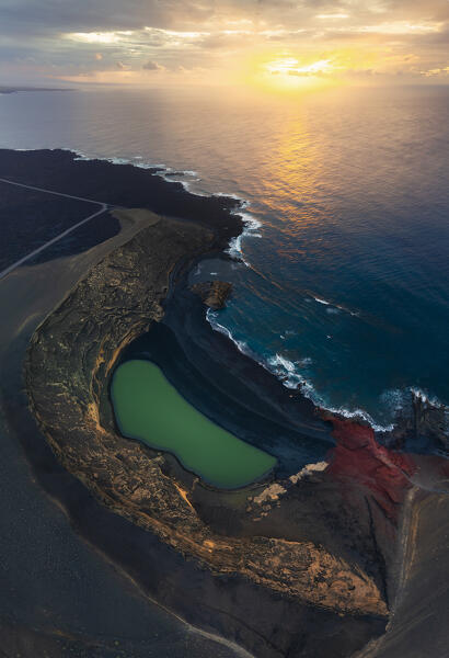 Aerial view of Charcos de Los Clicos at sunset, El Golfo, Yaiza, Las Palmas, Lanzarote, Canary Islands, Macaronesia, Spain, Western Europe