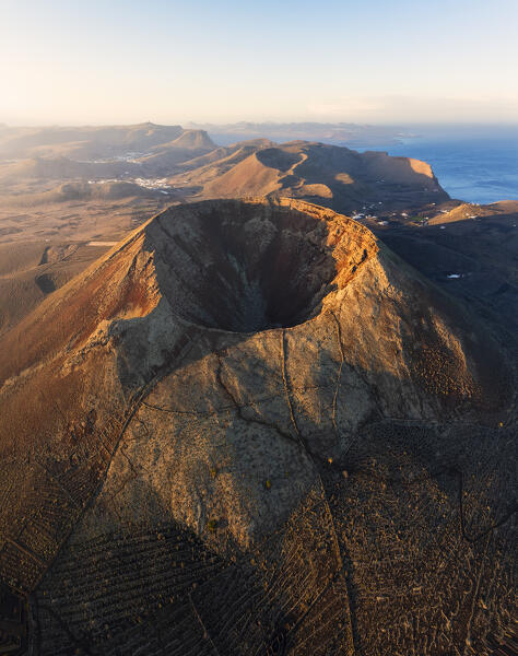 Aerial view of the crater of Volcan de la Corona in the during sunrise, Mirador del Rio, Haria, Las Palmas, Lanzarote, Canary Islands, Macaronesia, Spain, Western Europe