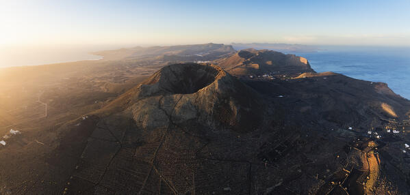 Panoramic and Aerial view of the crater of Volcan de la Corona in the during sunrise, Mirador del Rio, Haria, Las Palmas, Lanzarote, Canary Islands, Macaronesia, Spain, Western Europe