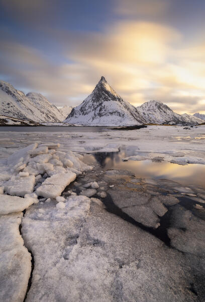 Fredvang mountains at sunset during winter, Fredvang, Flakstad, Moskenesøya, Nordland, Norway, Northern Europe