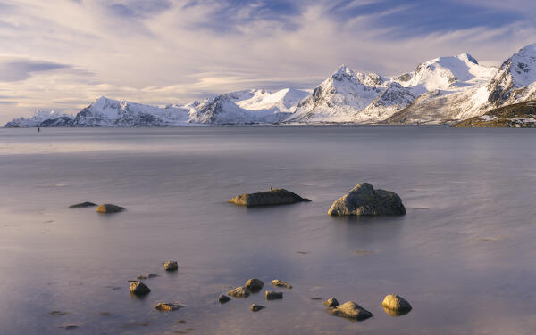 Mountains around Gimsoya during winter, Vagan, Nordland, Lofoten Islands, Norway, Northern Europe