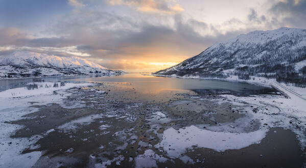 Aerial and panoramic view of fjord at Austre Kanstad during winter sunset, Lodingen, Nordland, Lofoten Islands, Norway, Northern Europe