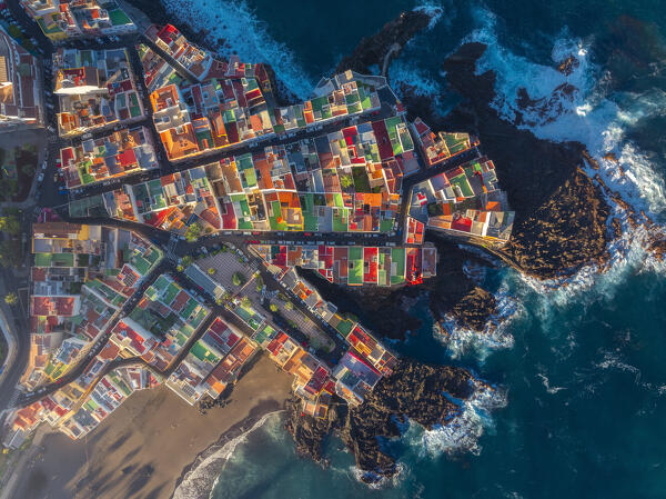 Overhead view of colorful houses in Punta Brava during sunrise, Puerto de La Cruz, Tenerife, Canary Islands, Macaronesia, Spain, Western Europe