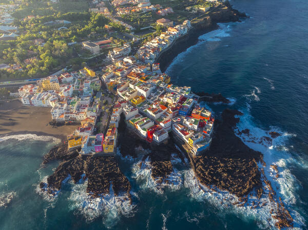 Aerial view of colorful houses in Punta Brava during sunrise, Puerto de La Cruz, Tenerife, Canary Islands, Macaronesia, Spain, Western Europe