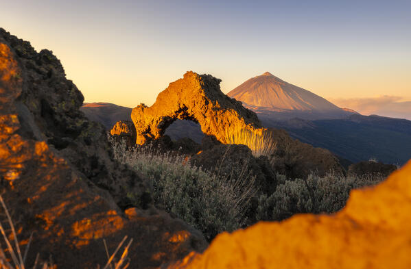 The view of Teide volcano from La Tarta viewpoint during sunrise, Teide National Park, La Orotava, Santa Cruz de Tenerife, Tenerife, Canary Islands, Macaronesia, Spain, Western Europe 