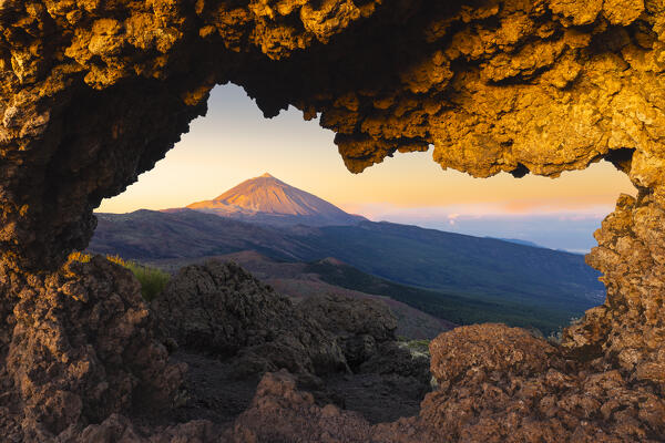 The view of Teide volcano from La Tarta viewpoint during sunrise, Teide National Park, La Orotava, Santa Cruz de Tenerife, Tenerife, Canary Islands, Macaronesia, Spain, Western Europe 