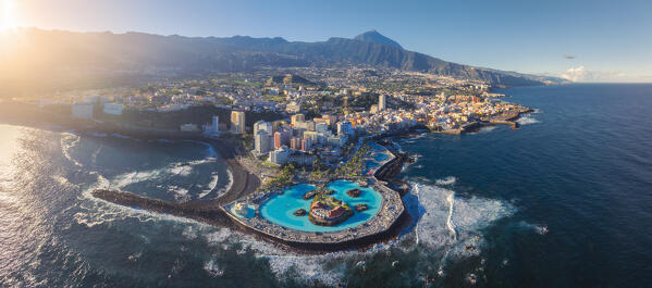 Aerial and panoramic view of Puerto de La Cruz at sunrise, Tenerife, Canary Islands, Macaronesia, Spain, Western Europe