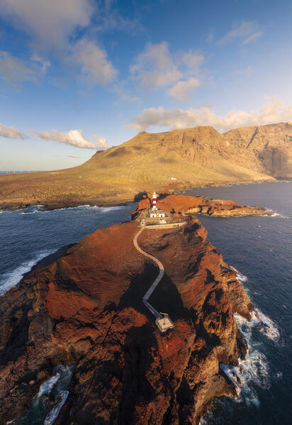 Aerial view of Punta Teno lighthouse during sunset, Buenavista del Norte, Santa Cruz de Tenerife, Tenerife, Canary Islands, Macaronesia, Spain, Western Europe
