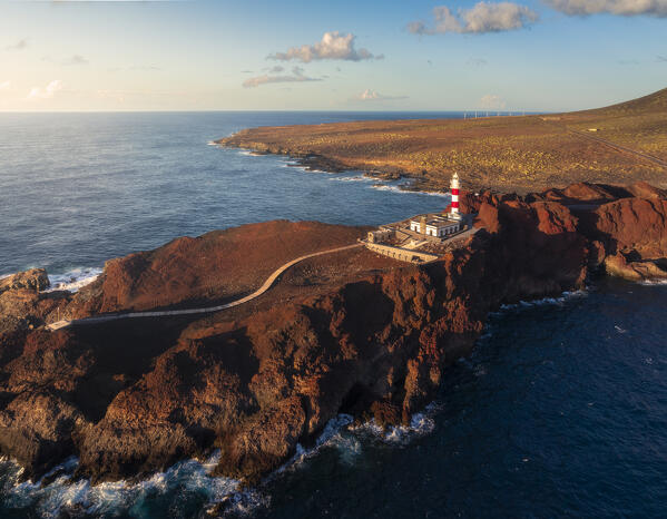 Aerial view of Punta Teno lighthouse during sunset, Buenavista del Norte, Santa Cruz de Tenerife, Tenerife, Canary Islands, Macaronesia, Spain, Western Europe