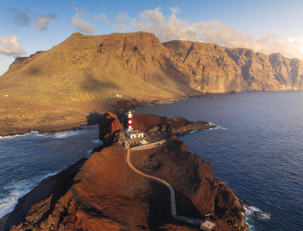 Aerial view of Punta Teno lighthouse during sunset, Buenavista del Norte, Santa Cruz de Tenerife, Tenerife, Canary Islands, Macaronesia, Spain, Western Europe