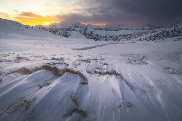 Sunset from Giau Pass with the view towards the Marmolada during winter, Belluno, Veneto, Italy, Southern Europe