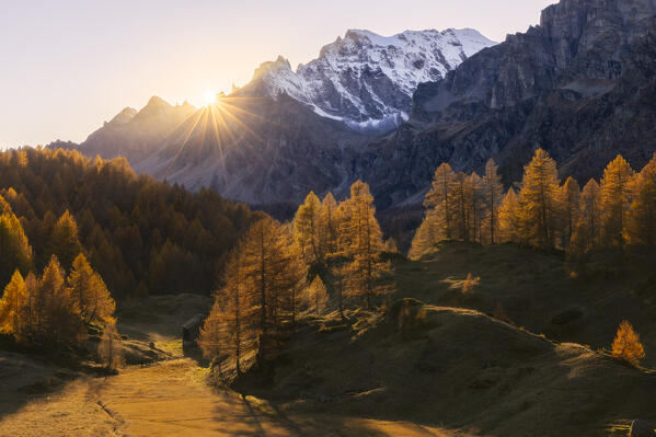 Sunset over Cervandone mountain at Crampiolo during autumn, Alpe Devero, Baceno, Verbano Cusio Ossola, Piedmont, Italy, Southern Europe