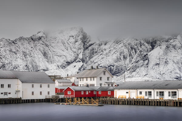 View of Hamnoy during a cloudy day with mountains in the background, Hamnoy, Moskenes, Moskenesoya, Nordland, Lofoten, Norway, Northern Europe