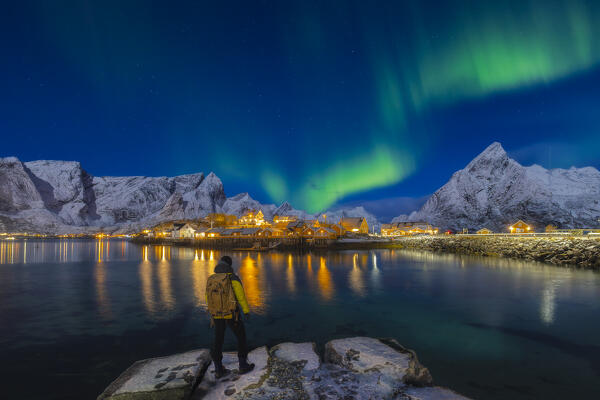 Northern lights in Sakrisoy, Moskenes, Moskenesoya, Nordland, Lofoten, Norway, Northern Europe