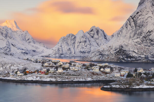 Panoramic and elevated view of houses around Sakrisoy and Hamnoy at sunrise with mountains in the background, Hamnoy, Moskenes, Moskenesoya, Nordland, Lofoten, Norway, Northern Europe