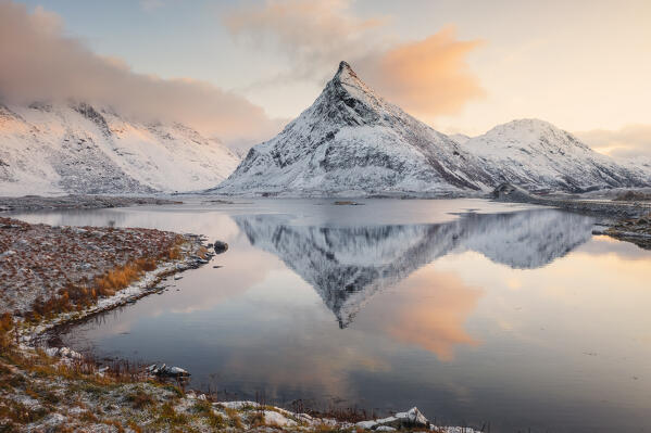 Aerial view of Fredvang mountains at sunset during winter, Fredvang, Flakstad, Moskenesøya, Nordland, Norway, Northern Europe