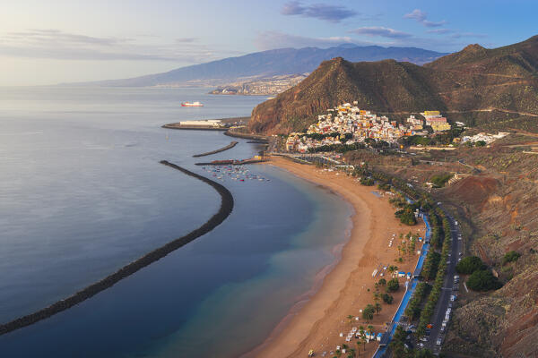 View of Las Teresitas beach from an elevated viewpoint during sunrise, San Andres, Santa Cruz de Tenerife, Tenerife, Canary Islands, Macaronesia, Spain, Western Europe
