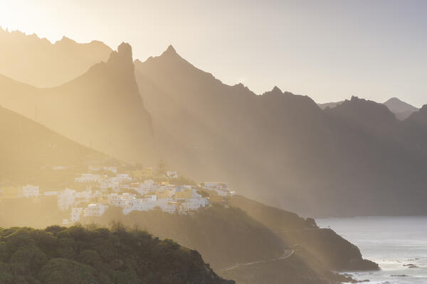 Elevated view of Almaciga and Anaga mountains during sunset, Benijo, Santa Cruz de Tenerife, Tenerife, Canary Islands, Macaronesia, Spain, Western Europe

