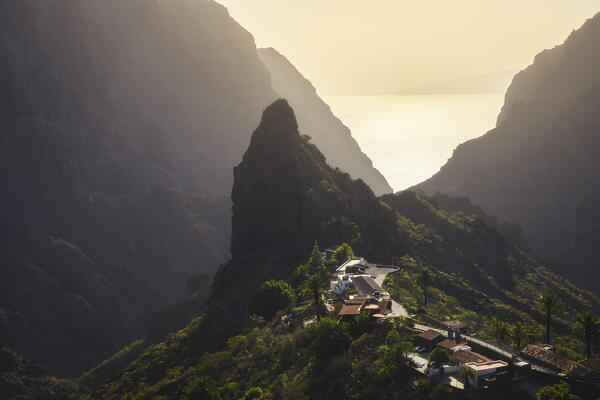 Elevated view of Masca Village at sunset, Buenavista del Norte, Santa Cruz de Tenerife, Tenerife, Canary Islands, Macaronesia, Spain, Western Europe