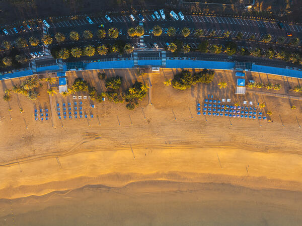 Aerial View of Las Teresitas beach during sunrise, San Andres, Santa Cruz de Tenerife, Tenerife, Canary Islands, Macaronesia, Spain, Western Europe