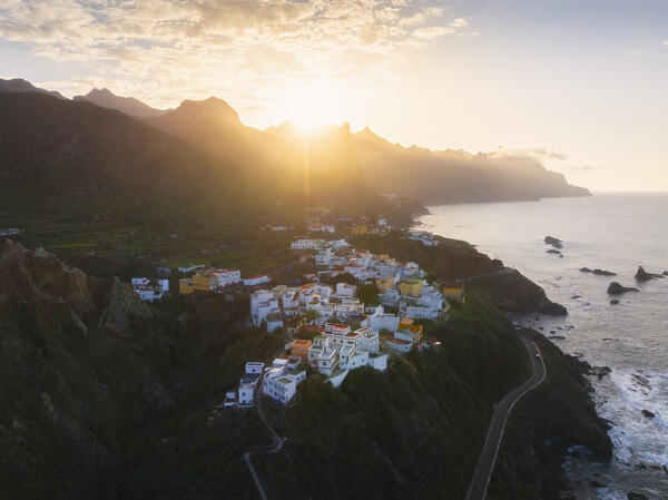 Aerial view of Almaciga and Anaga mountains during sunset, Benijo, Santa Cruz de Tenerife, Tenerife, Canary Islands, Macaronesia, Spain, Western Europe