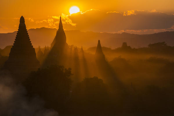 Sunset over temples, Bagan, Myanmar, Southeast Asia